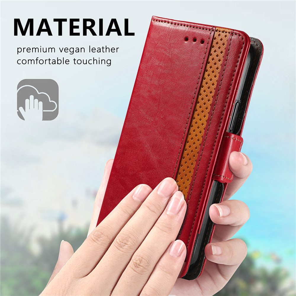 CASENEO 002 Series Business Style Anti-drop Splicing PU Leather RFID Blocking Wallet Stand Cover Case for Samsung Galaxy S22 Ultra - Red-10