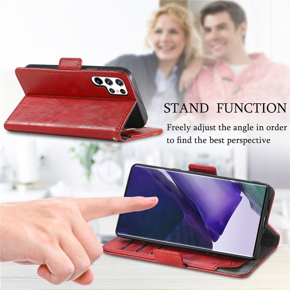 CASENEO 002 Series Business Style Anti-drop Splicing PU Leather RFID Blocking Wallet Stand Cover Case for Samsung Galaxy S22 Ultra - Red-12