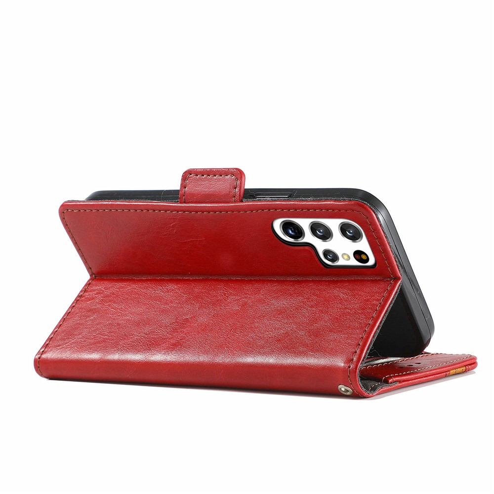 CASENEO 002 Series Business Style Anti-drop Splicing PU Leather RFID Blocking Wallet Stand Cover Case for Samsung Galaxy S22 Ultra - Red-5