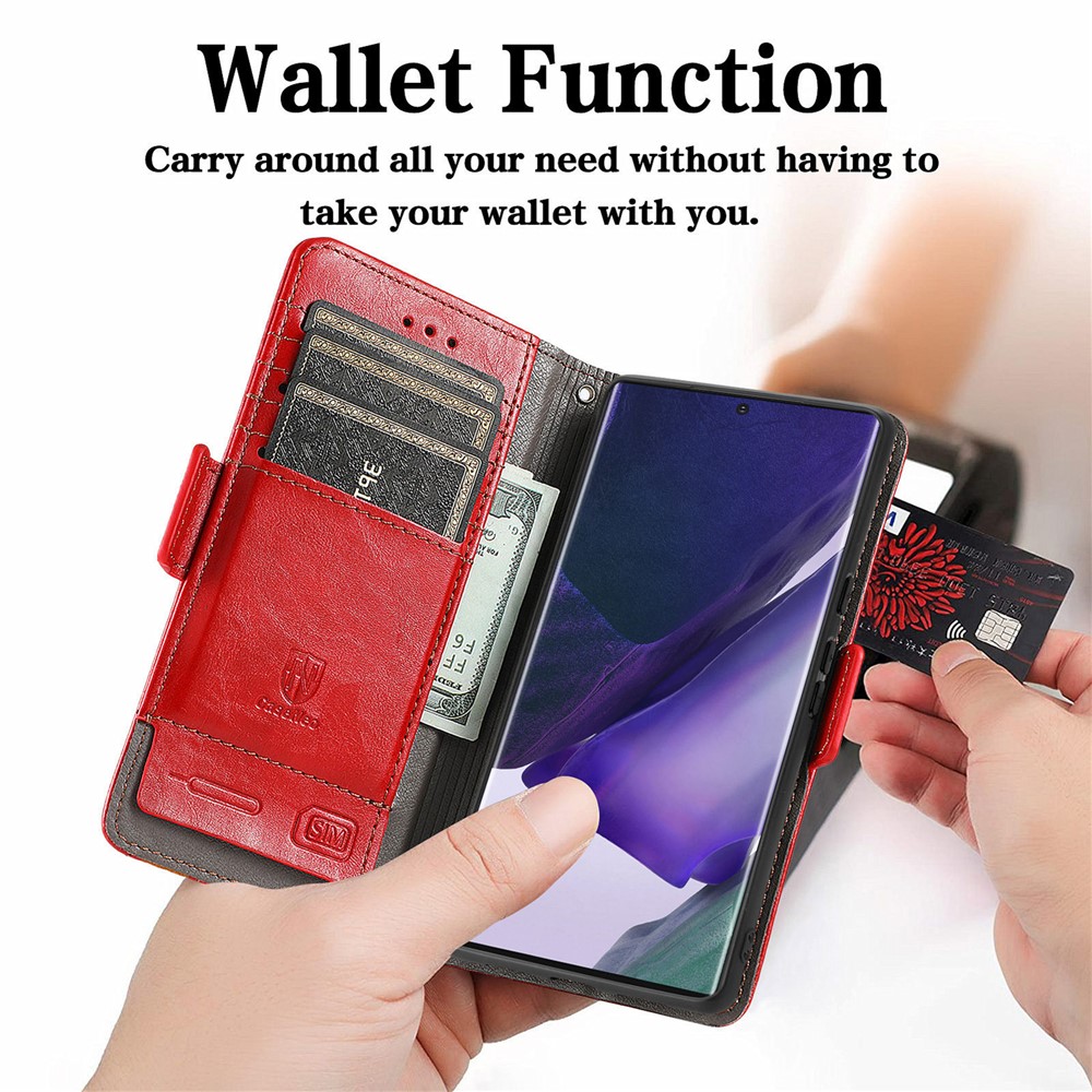 CASENEO 002 Series Business Style Anti-drop Splicing PU Leather RFID Blocking Wallet Stand Cover Case for Samsung Galaxy S22 Ultra - Red-8