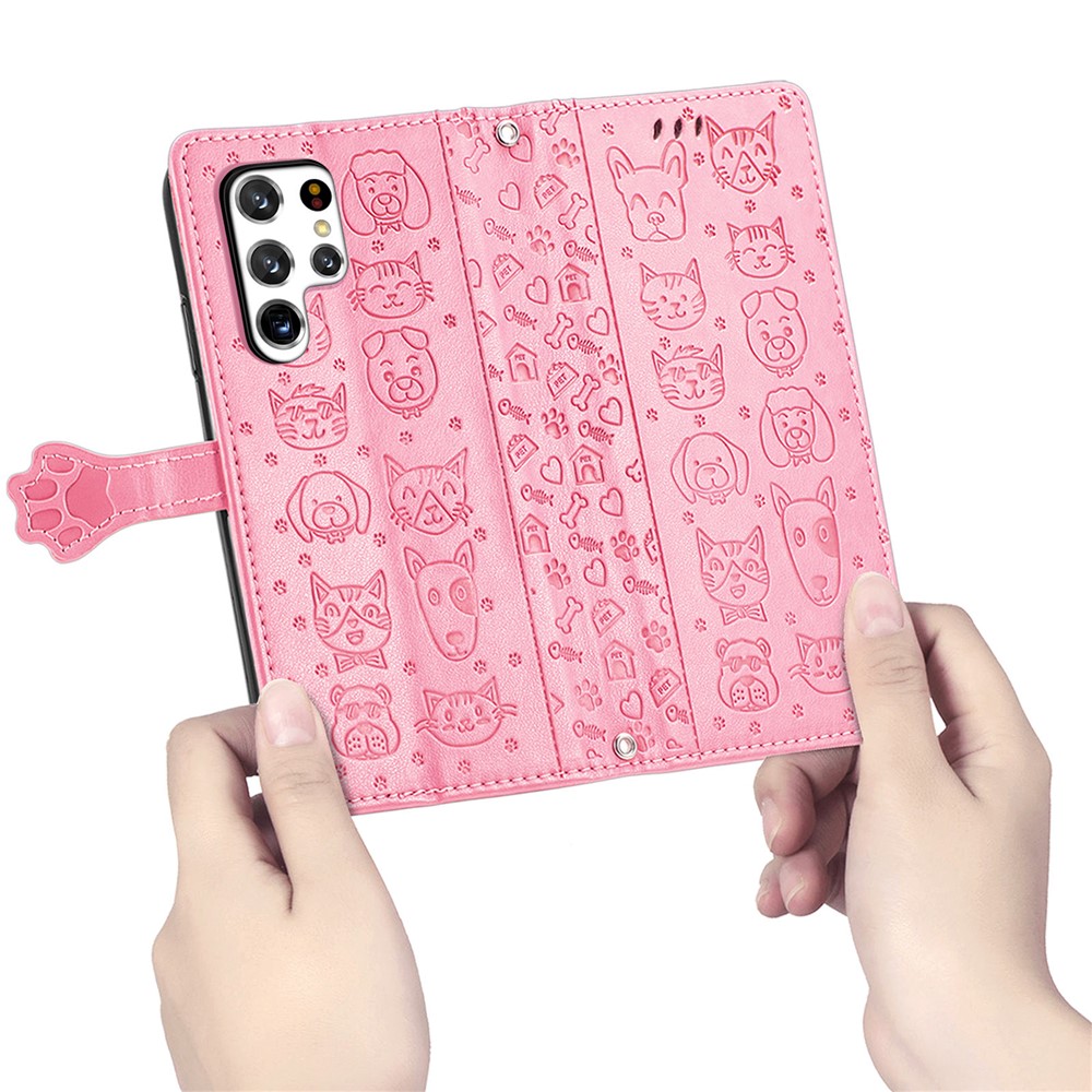 Cat Dog Pattern Imprinted PU Leather Wallet Case Stand Feature Magnetic Flip Phone Cover for Samsung Galaxy S22 Ultra - Pink-10
