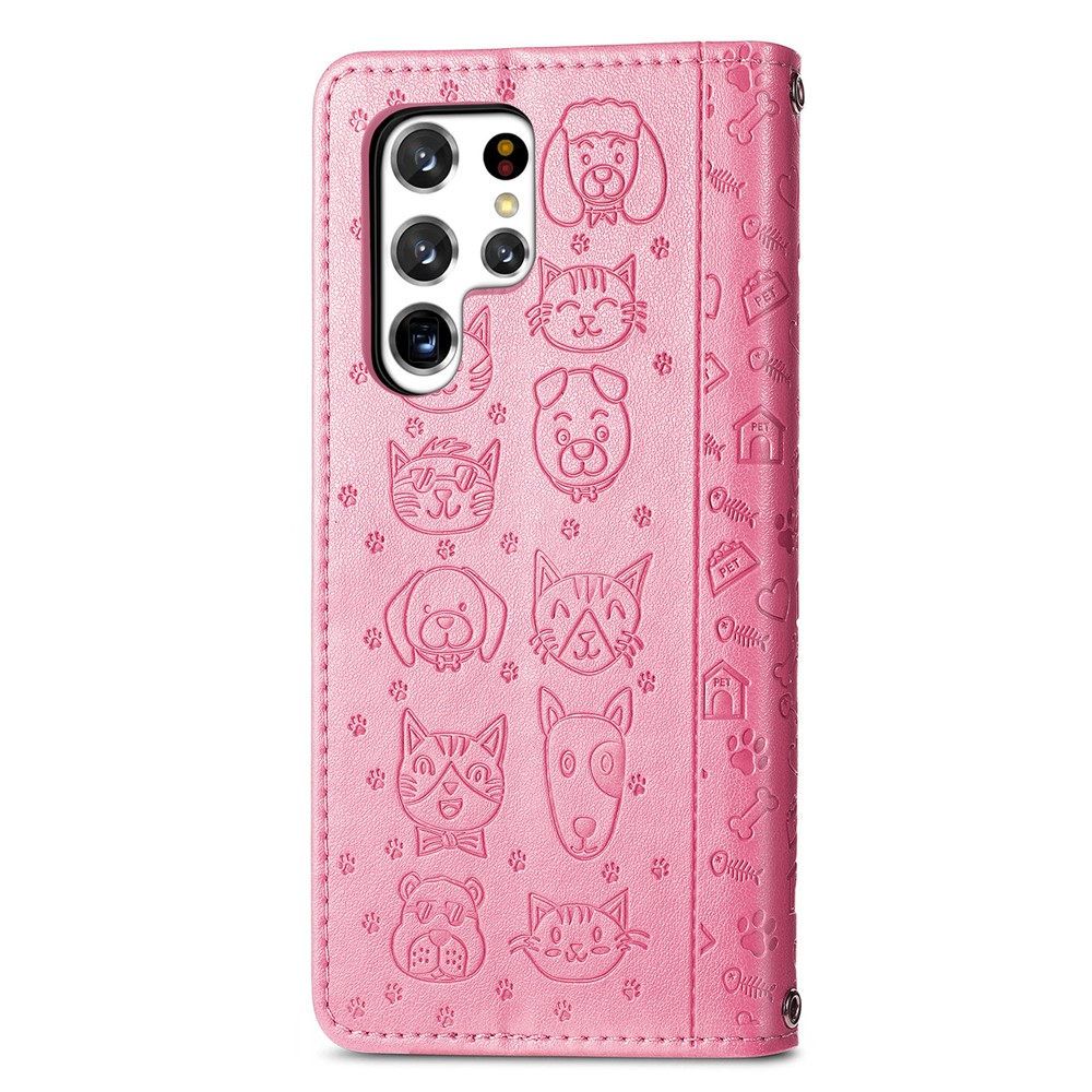 Cat Dog Pattern Imprinted PU Leather Wallet Case Stand Feature Magnetic Flip Phone Cover for Samsung Galaxy S22 Ultra - Pink-2