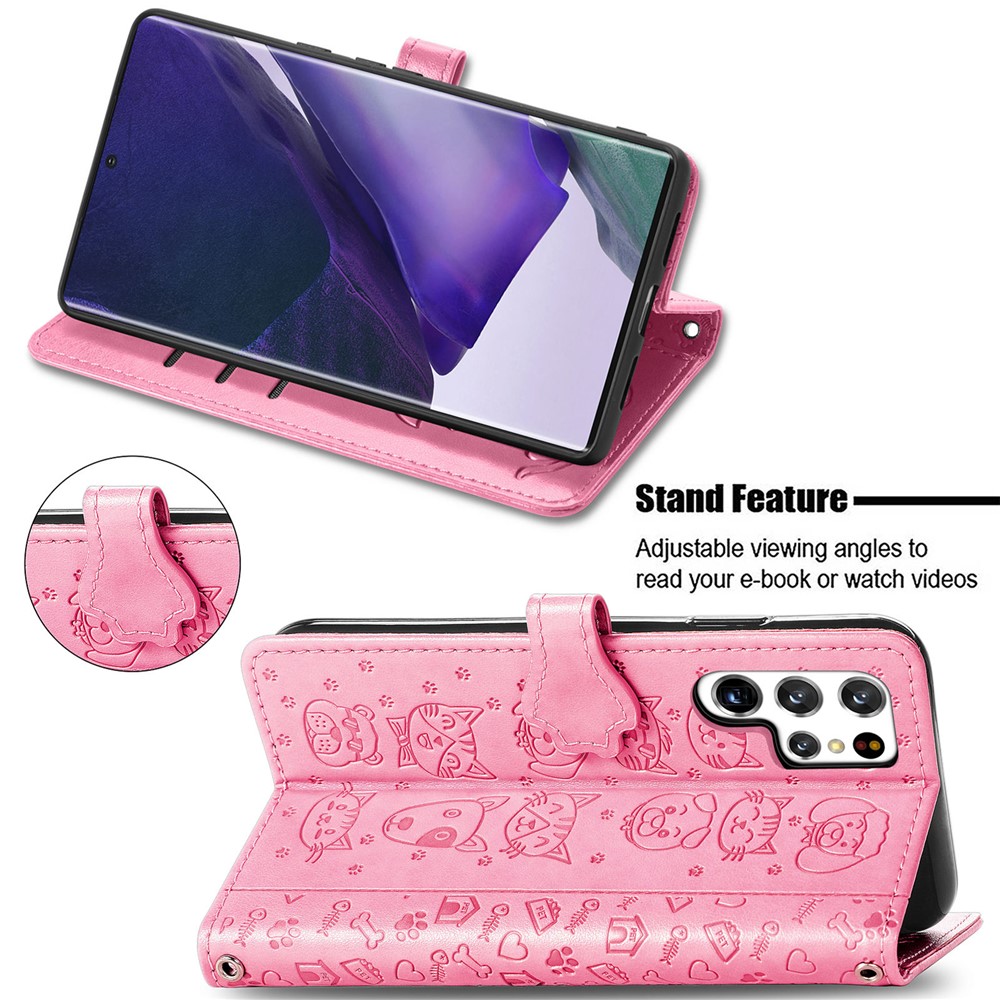 Cat Dog Pattern Imprinted PU Leather Wallet Case Stand Feature Magnetic Flip Phone Cover for Samsung Galaxy S22 Ultra - Pink-5
