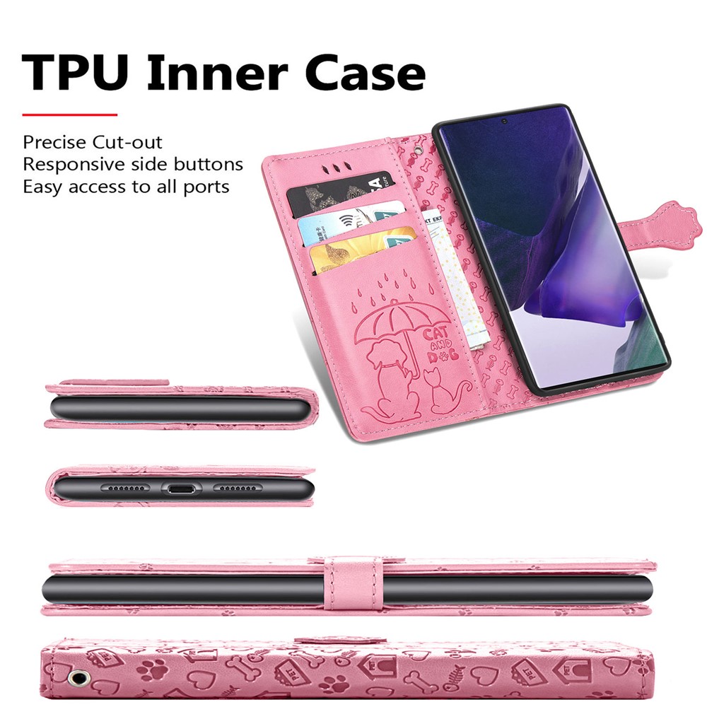 Cat Dog Pattern Imprinted PU Leather Wallet Case Stand Feature Magnetic Flip Phone Cover for Samsung Galaxy S22 Ultra - Pink-7