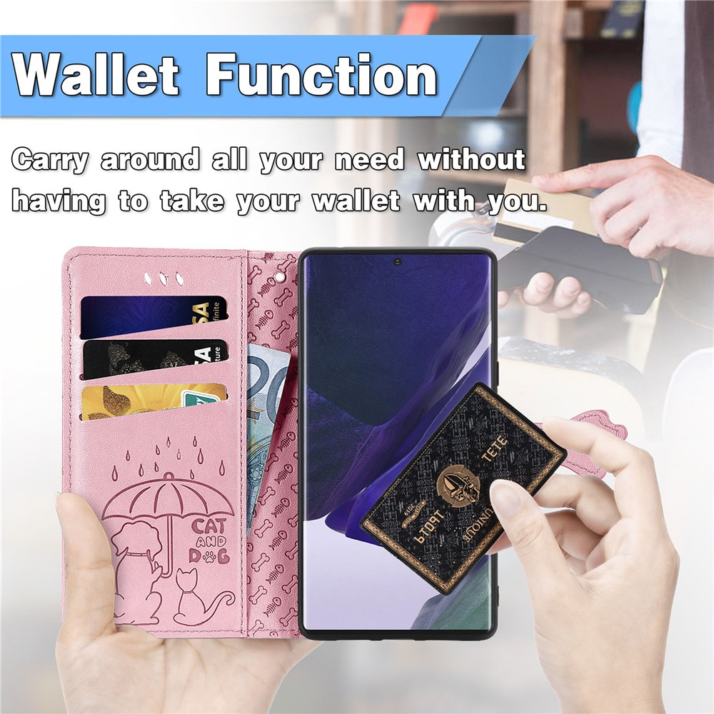 Cat Dog Pattern Imprinted PU Leather Wallet Case Stand Feature Magnetic Flip Phone Cover for Samsung Galaxy S22 Ultra - Pink-9
