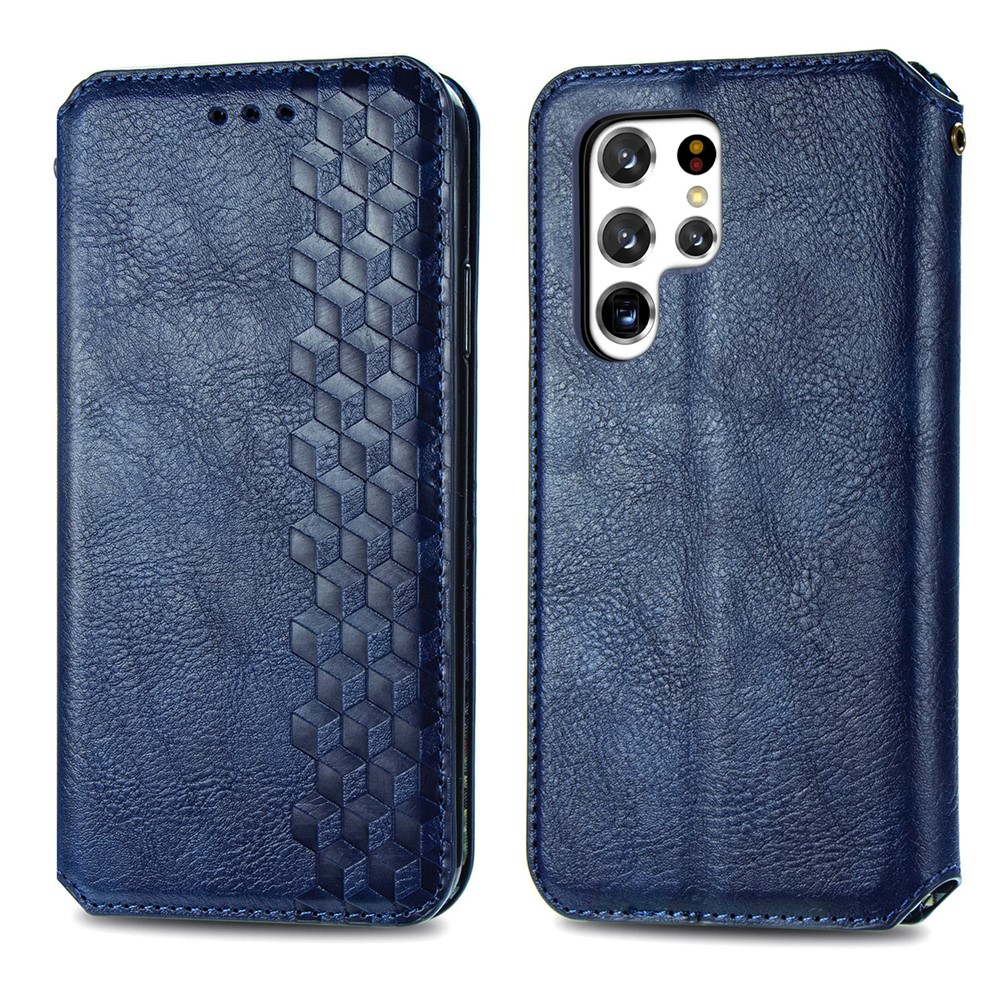 Imprinting Rhombus Stand Wallet PU Leather Cover + Inner TPU Phone Case with Strong Magnet Closure for Samsung Galaxy S22 Ultra - Blue-1