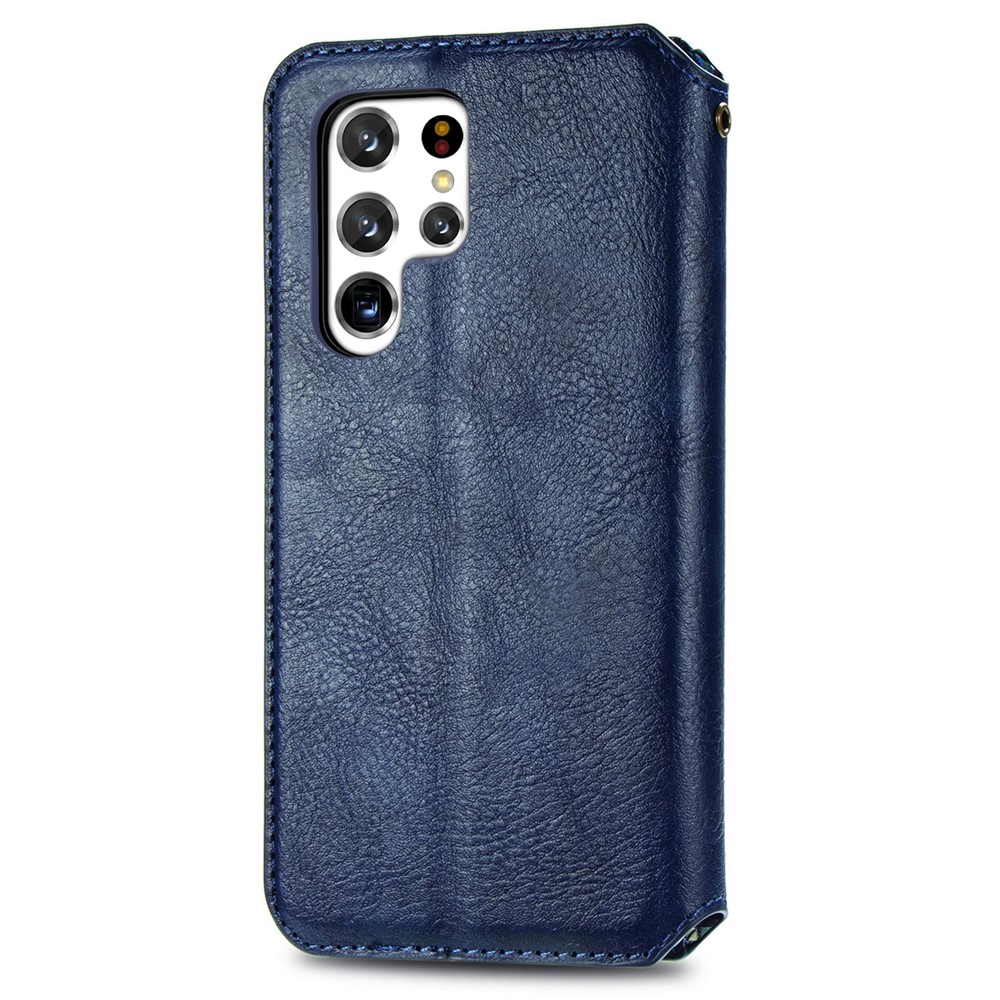 Imprinting Rhombus Stand Wallet PU Leather Cover + Inner TPU Phone Case with Strong Magnet Closure for Samsung Galaxy S22 Ultra - Blue-3