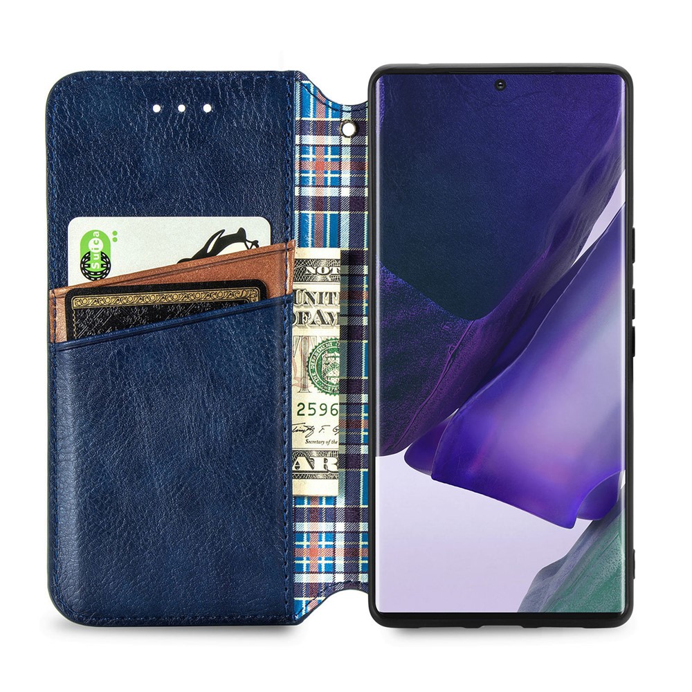 Imprinting Rhombus Stand Wallet PU Leather Cover + Inner TPU Phone Case with Strong Magnet Closure for Samsung Galaxy S22 Ultra - Blue-4