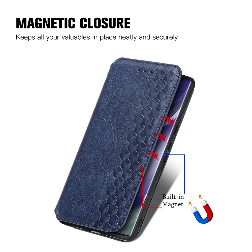 Imprinting Rhombus Stand Wallet PU Leather Cover + Inner TPU Phone Case with Strong Magnet Closure for Samsung Galaxy S22 Ultra - Blue-8