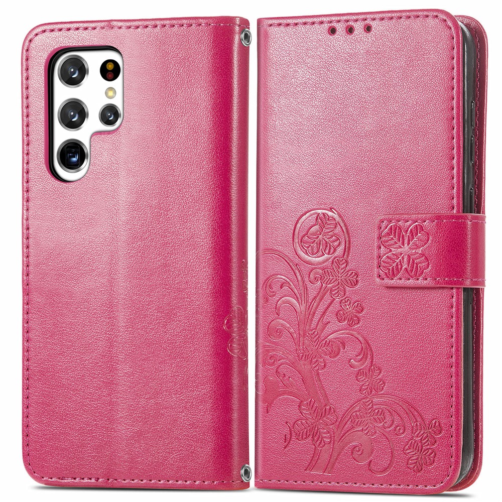 Four-leaf Clover Imprinted PU Leather Magnetic Flip Cover Wallet Stand Protective Phone Case for Samsung Galaxy S22 Ultra - Red-1