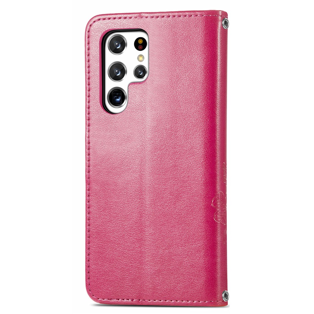 Four-leaf Clover Imprinted PU Leather Magnetic Flip Cover Wallet Stand Protective Phone Case for Samsung Galaxy S22 Ultra - Red-3