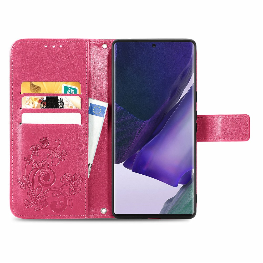 Four-leaf Clover Imprinted PU Leather Magnetic Flip Cover Wallet Stand Protective Phone Case for Samsung Galaxy S22 Ultra - Red-4