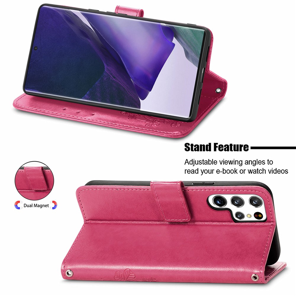 Four-leaf Clover Imprinted PU Leather Magnetic Flip Cover Wallet Stand Protective Phone Case for Samsung Galaxy S22 Ultra - Red-5