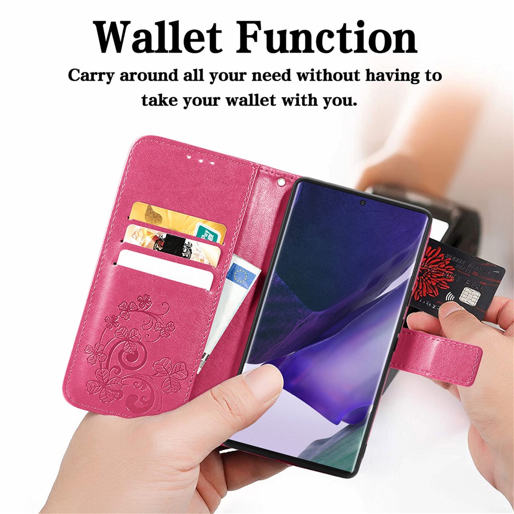Four-leaf Clover Imprinted PU Leather Magnetic Flip Cover Wallet Stand Protective Phone Case for Samsung Galaxy S22 Ultra - Red-7