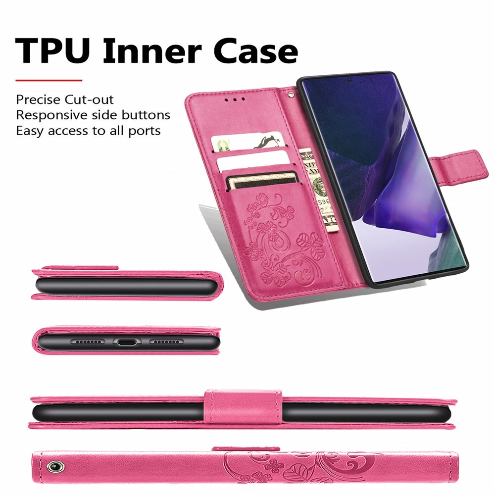 Four-leaf Clover Imprinted PU Leather Magnetic Flip Cover Wallet Stand Protective Phone Case for Samsung Galaxy S22 Ultra - Red-8