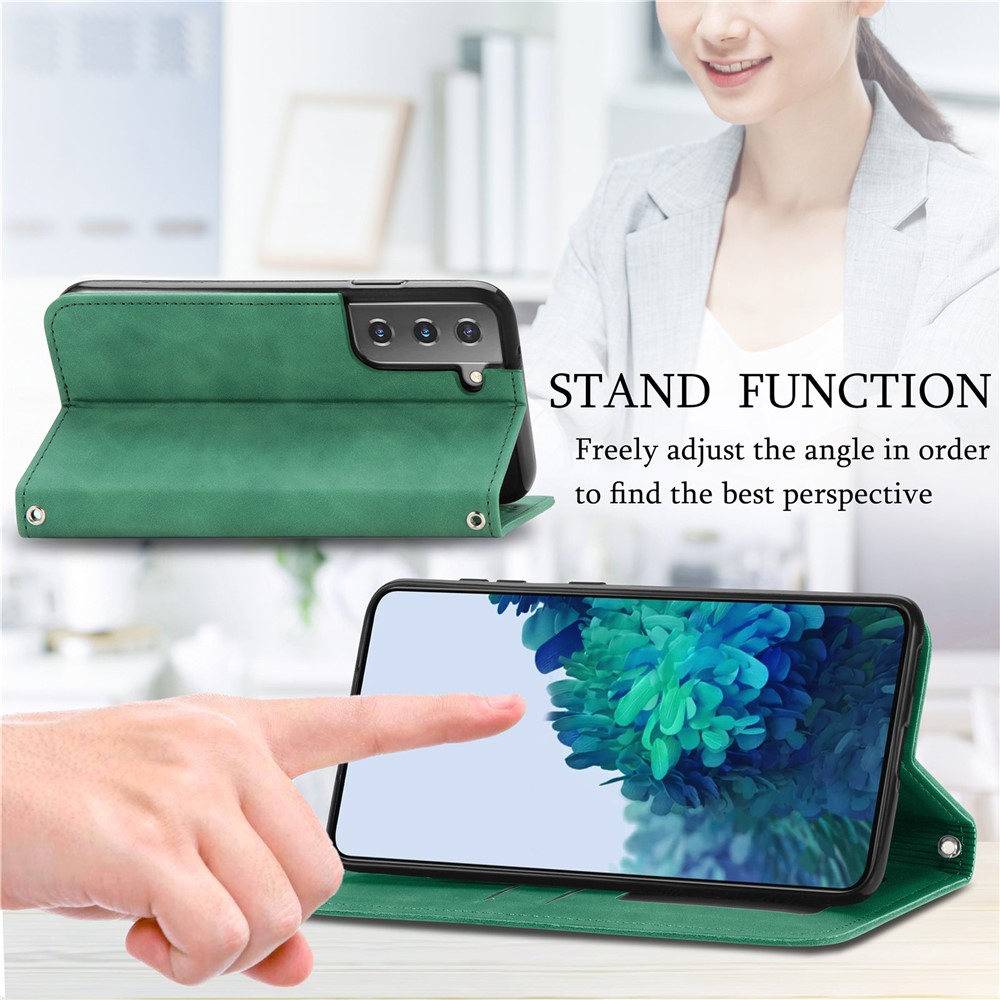 Retro Style Skin-Touch PU Leather Flip Case Stand Card Slots Folio Auto Magnetic Closed Cover for Samsung Galaxy S22 Plus - Green-9