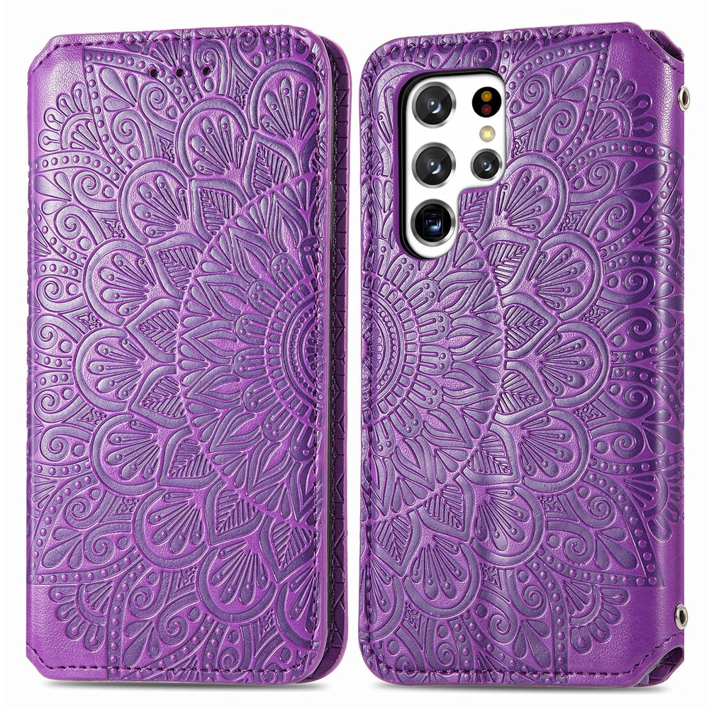 PU Leather Auto Closing Magnetic Mandala Imprinted Case Wallet Stand Flip Protective Cover for Samsung Galaxy S22 Ultra - Purple-1