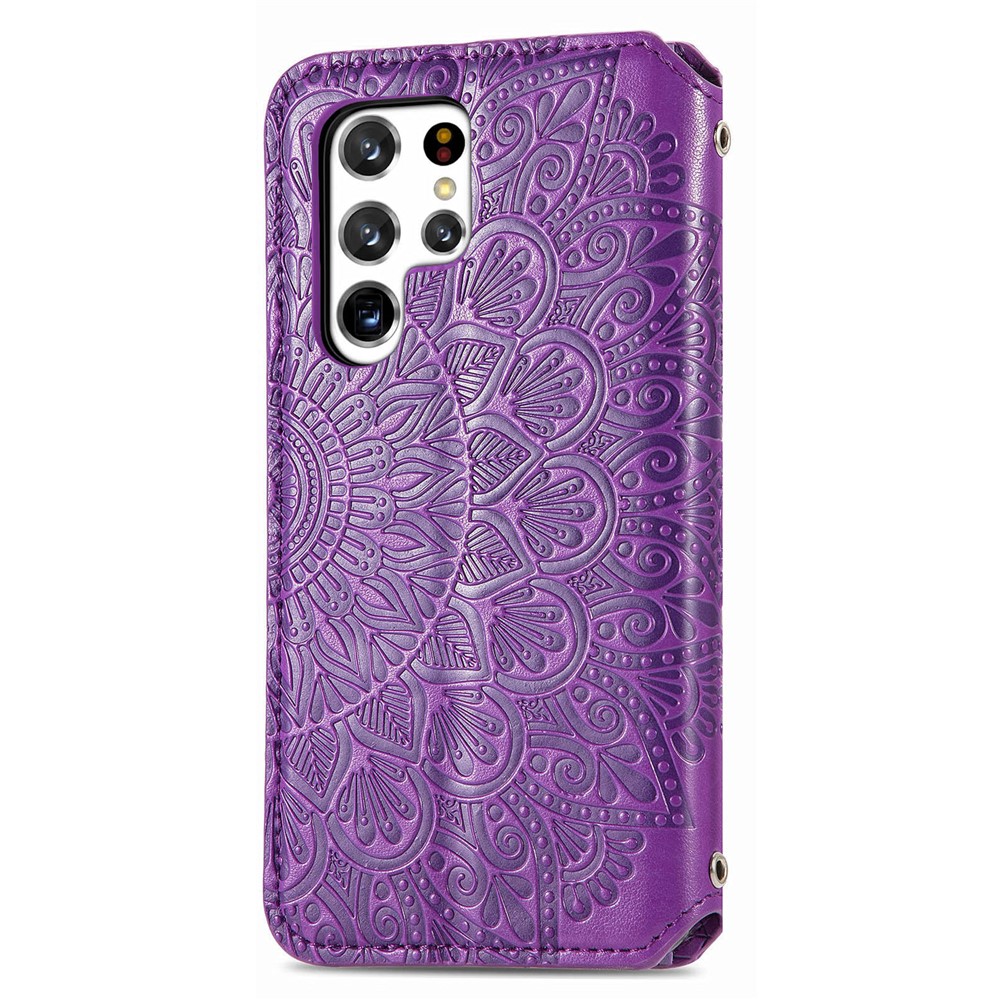 PU Leather Auto Closing Magnetic Mandala Imprinted Case Wallet Stand Flip Protective Cover for Samsung Galaxy S22 Ultra - Purple-2