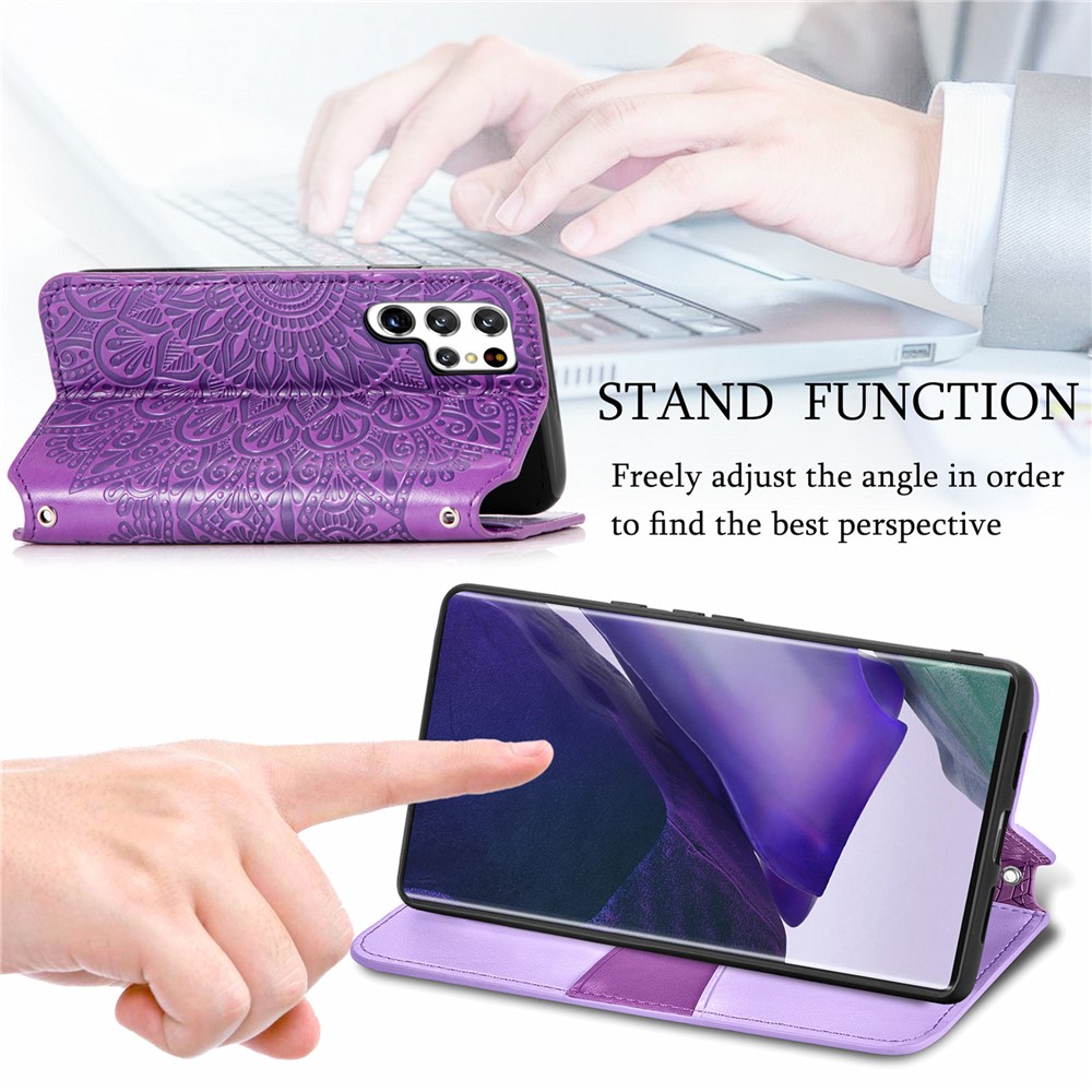 PU Leather Auto Closing Magnetic Mandala Imprinted Case Wallet Stand Flip Protective Cover for Samsung Galaxy S22 Ultra - Purple-6