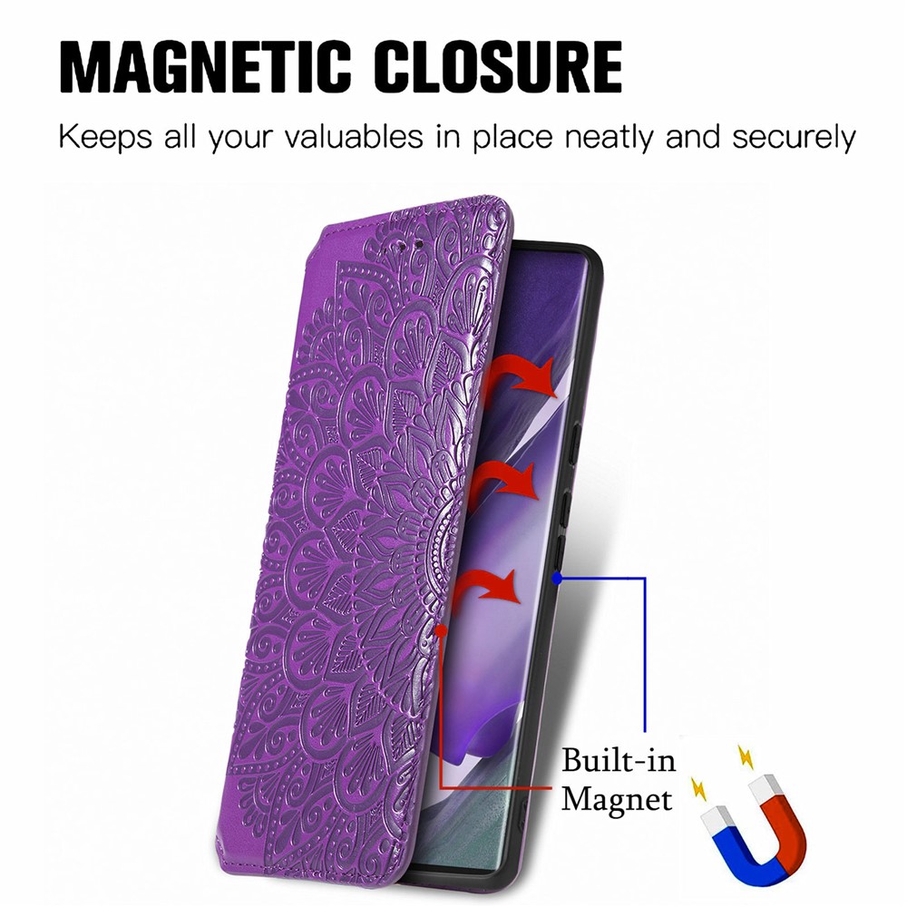 PU Leather Auto Closing Magnetic Mandala Imprinted Case Wallet Stand Flip Protective Cover for Samsung Galaxy S22 Ultra - Purple-7