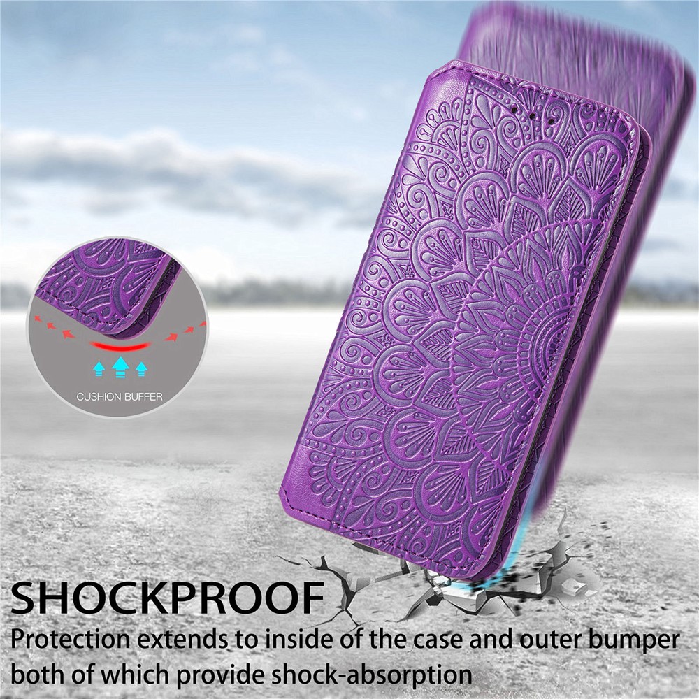 PU Leather Auto Closing Magnetic Mandala Imprinted Case Wallet Stand Flip Protective Cover for Samsung Galaxy S22 Ultra - Purple-8