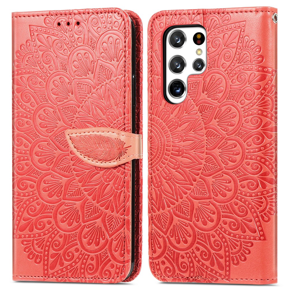 Dream Wings Pattern Imprinted PU Leather Magnetic Flip Cover Wallet Stand Protective Phone Case with Strap for Samsung Galaxy S22 Ultra - Red-1