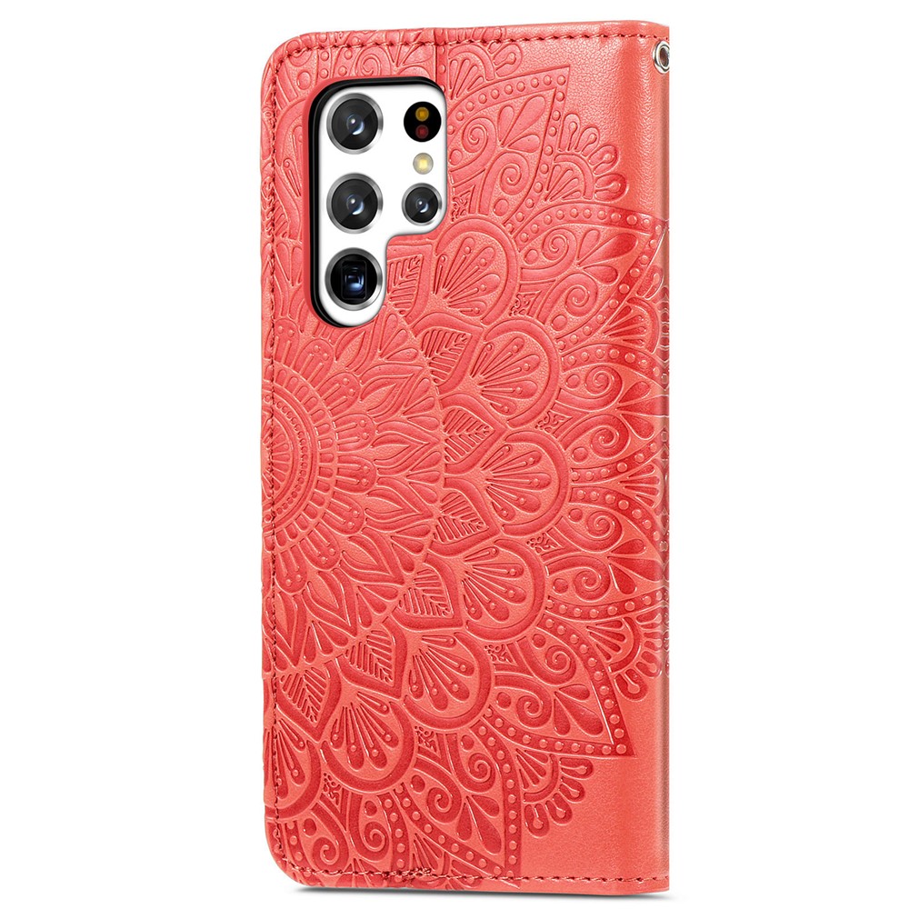 Dream Wings Pattern Imprinted PU Leather Magnetic Flip Cover Wallet Stand Protective Phone Case with Strap for Samsung Galaxy S22 Ultra - Red-2