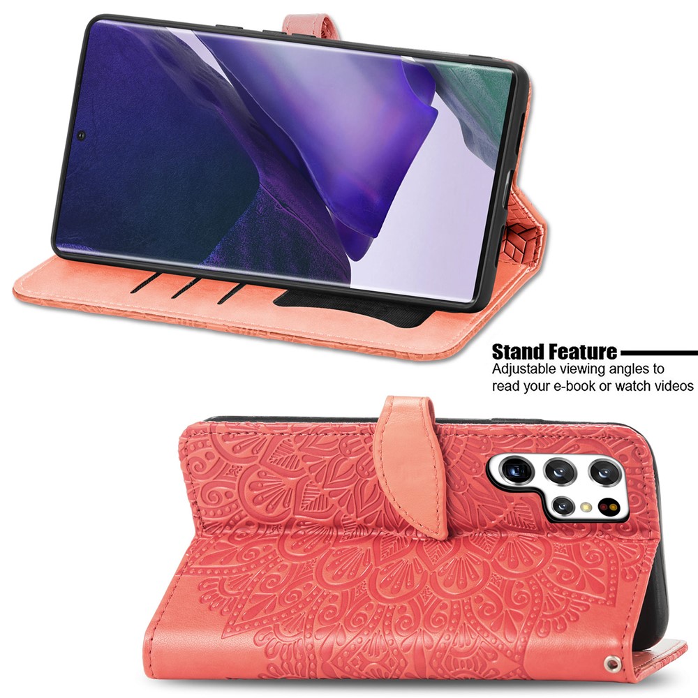 Dream Wings Pattern Imprinted PU Leather Magnetic Flip Cover Wallet Stand Protective Phone Case with Strap for Samsung Galaxy S22 Ultra - Red-5