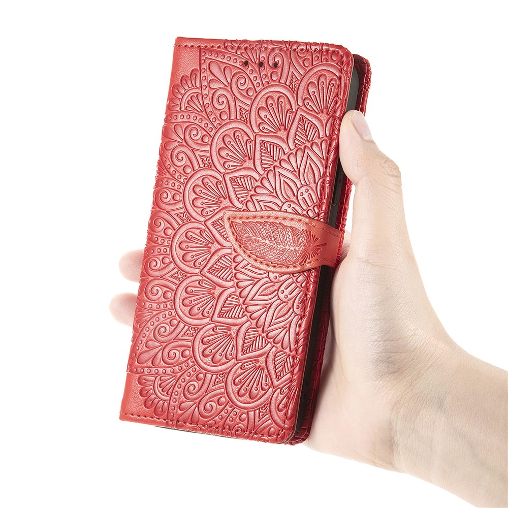 Dream Wings Pattern Imprinted PU Leather Magnetic Flip Cover Wallet Stand Protective Phone Case with Strap for Samsung Galaxy S22 Ultra - Red-9