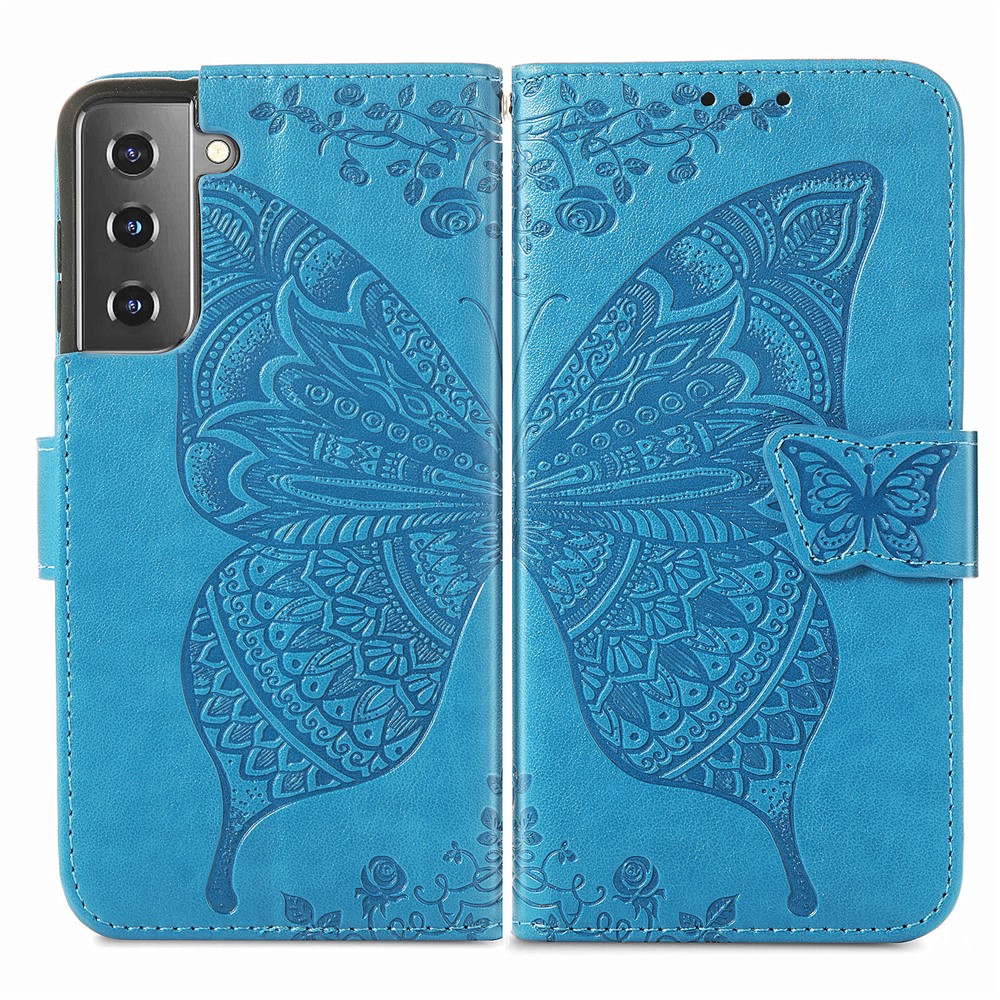 PU Leather Wallet Flip Butterfly Flower Imprinted Case Stand Magnetic Clasp Protective Cover with Strap for Samsung Galaxy S22 Plus - Blue-1