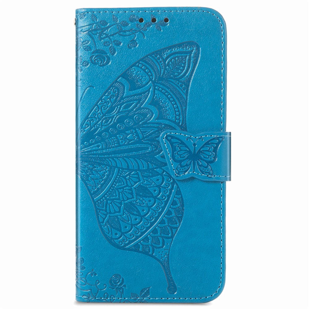 PU Leather Wallet Flip Butterfly Flower Imprinted Case Stand Magnetic Clasp Protective Cover with Strap for Samsung Galaxy S22 Plus - Blue-2