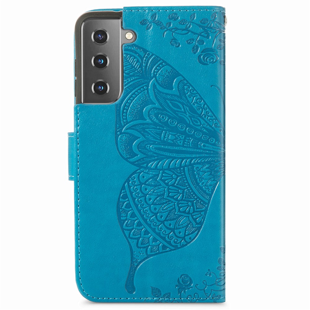 PU Leather Wallet Flip Butterfly Flower Imprinted Case Stand Magnetic Clasp Protective Cover with Strap for Samsung Galaxy S22 Plus - Blue-3