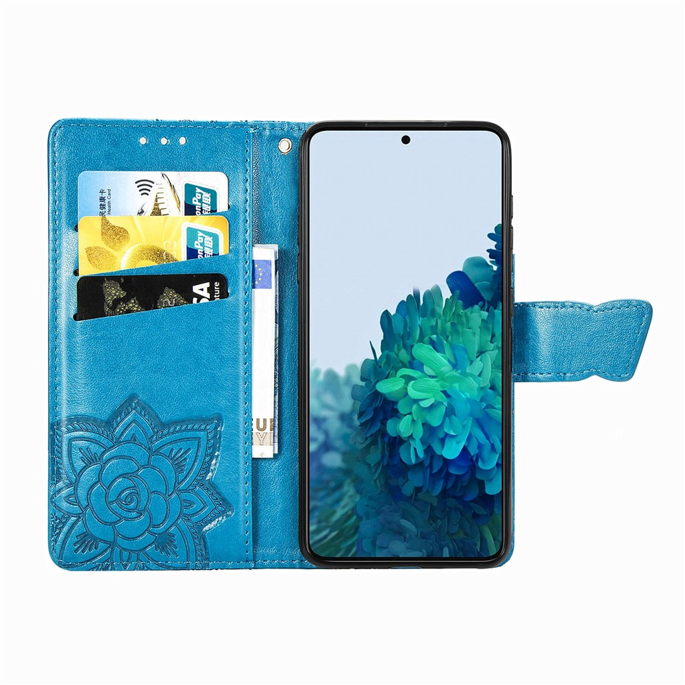 PU Leather Wallet Flip Butterfly Flower Imprinted Case Stand Magnetic Clasp Protective Cover with Strap for Samsung Galaxy S22 Plus - Blue-4