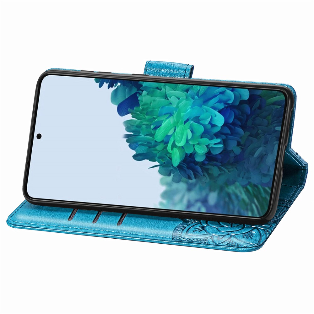 PU Leather Wallet Flip Butterfly Flower Imprinted Case Stand Magnetic Clasp Protective Cover with Strap for Samsung Galaxy S22 Plus - Blue-5