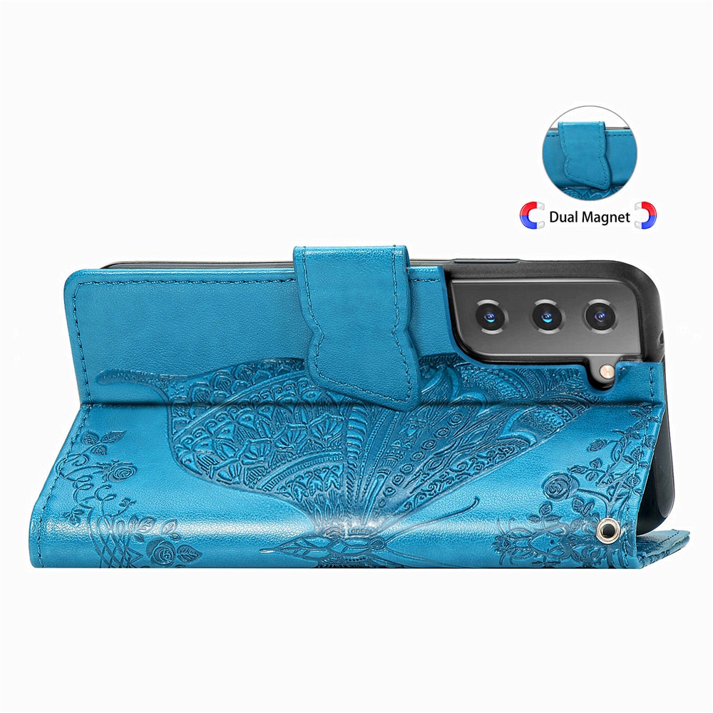 PU Leather Wallet Flip Butterfly Flower Imprinted Case Stand Magnetic Clasp Protective Cover with Strap for Samsung Galaxy S22 Plus - Blue-6