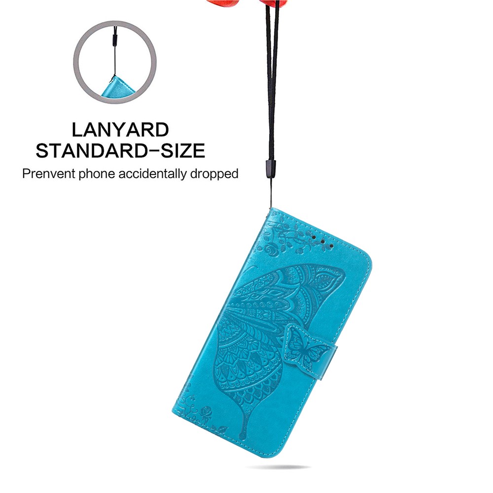 PU Leather Wallet Flip Butterfly Flower Imprinted Case Stand Magnetic Clasp Protective Cover with Strap for Samsung Galaxy S22 Plus - Blue-7