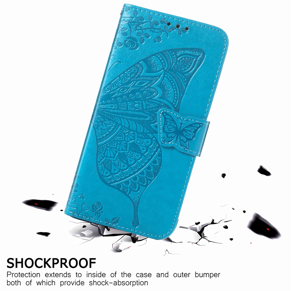 PU Leather Wallet Flip Butterfly Flower Imprinted Case Stand Magnetic Clasp Protective Cover with Strap for Samsung Galaxy S22 Plus - Blue-8