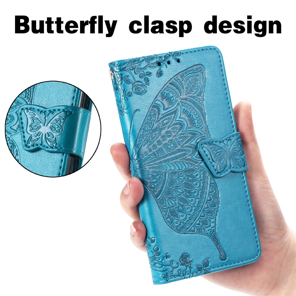 PU Leather Wallet Flip Butterfly Flower Imprinted Case Stand Magnetic Clasp Protective Cover with Strap for Samsung Galaxy S22 Plus - Blue-9