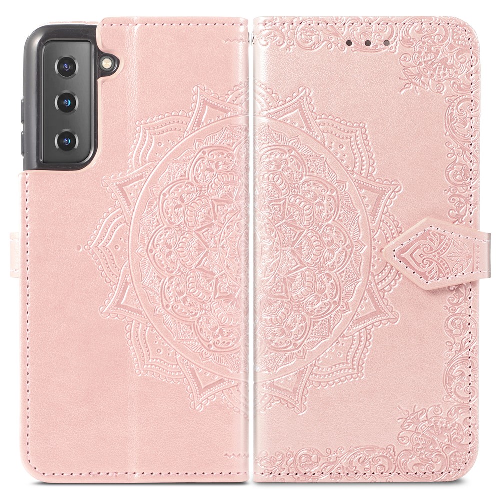 Embossed Mandala Pattern PU Leather Magnetic Cover Wallet Stand Flip Protective Case with Strap for Samsung Galaxy S22 Plus - Rose Gold-1