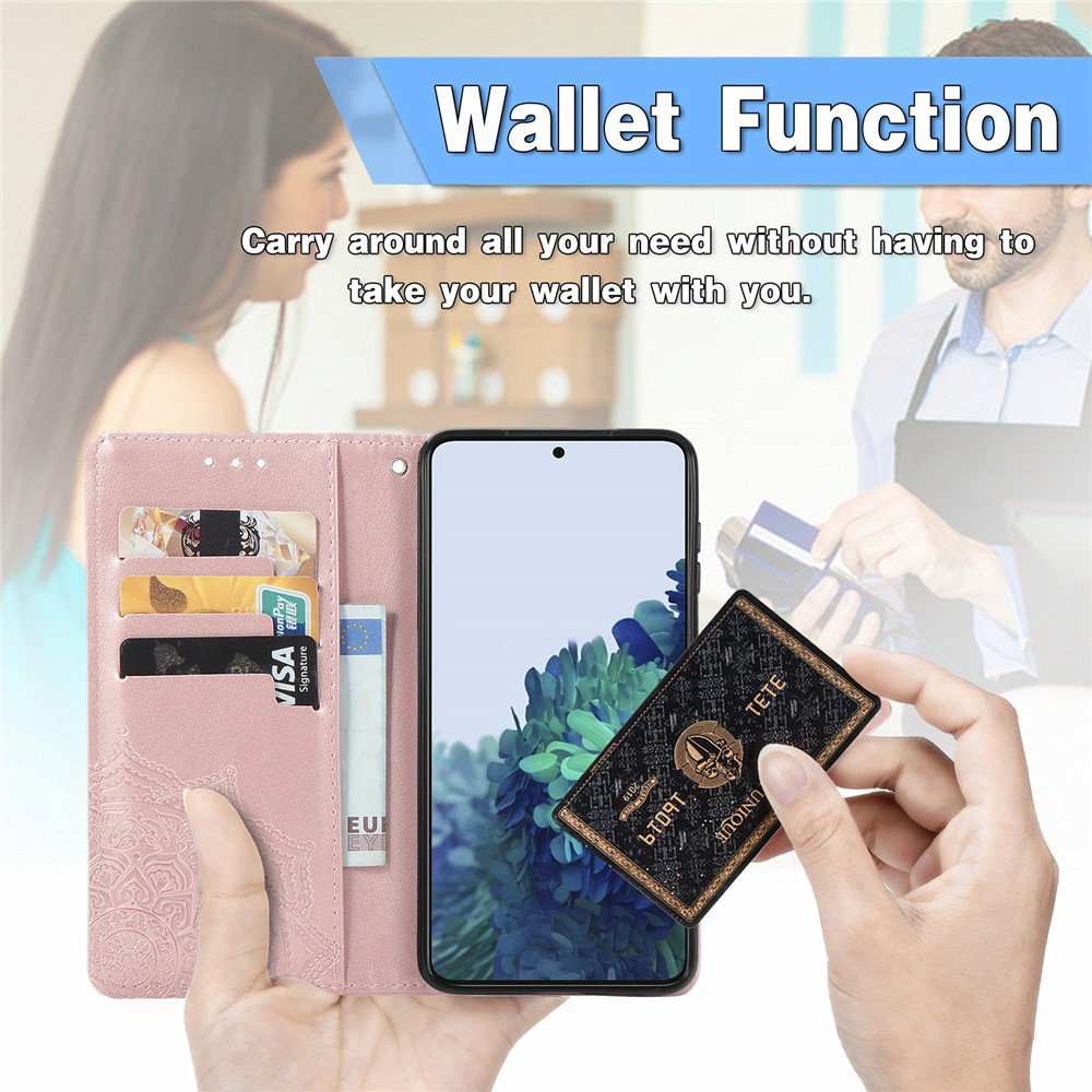Embossed Mandala Pattern PU Leather Magnetic Cover Wallet Stand Flip Protective Case with Strap for Samsung Galaxy S22 Plus - Rose Gold-10