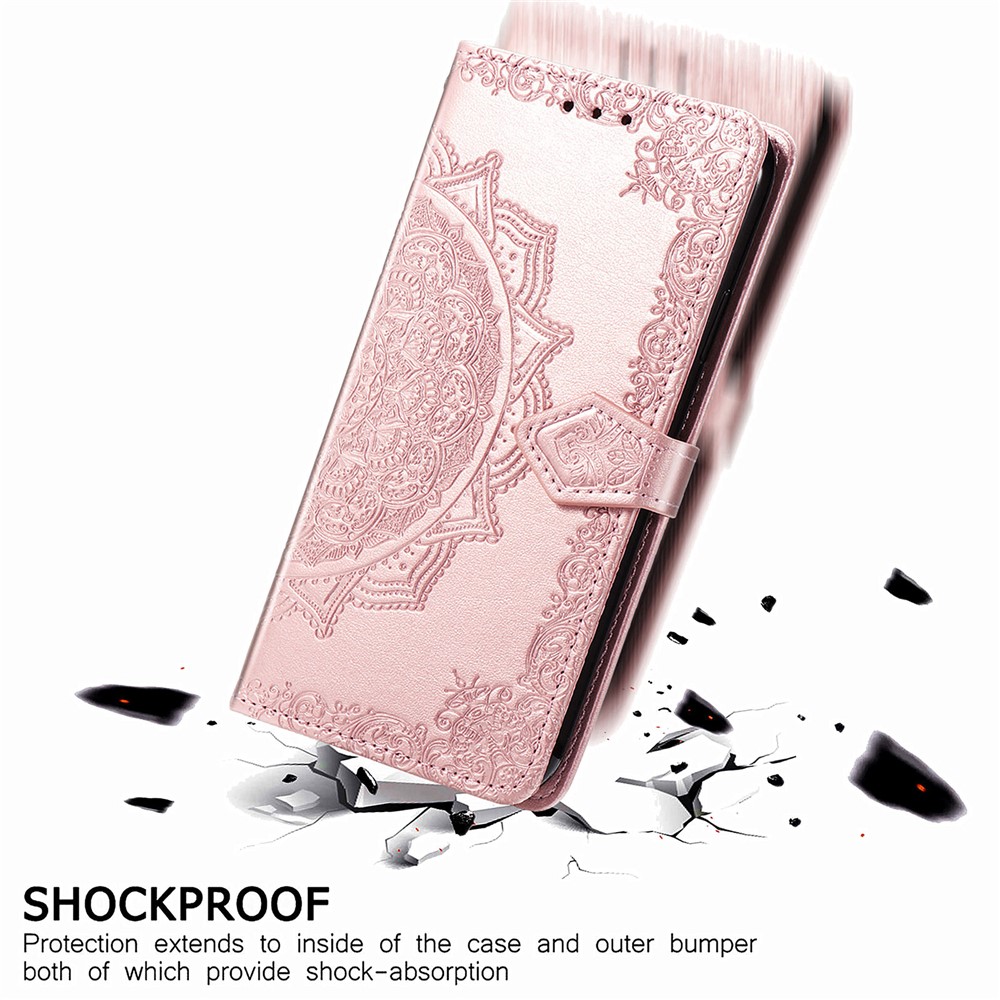 Embossed Mandala Pattern PU Leather Magnetic Cover Wallet Stand Flip Protective Case with Strap for Samsung Galaxy S22 Plus - Rose Gold-11