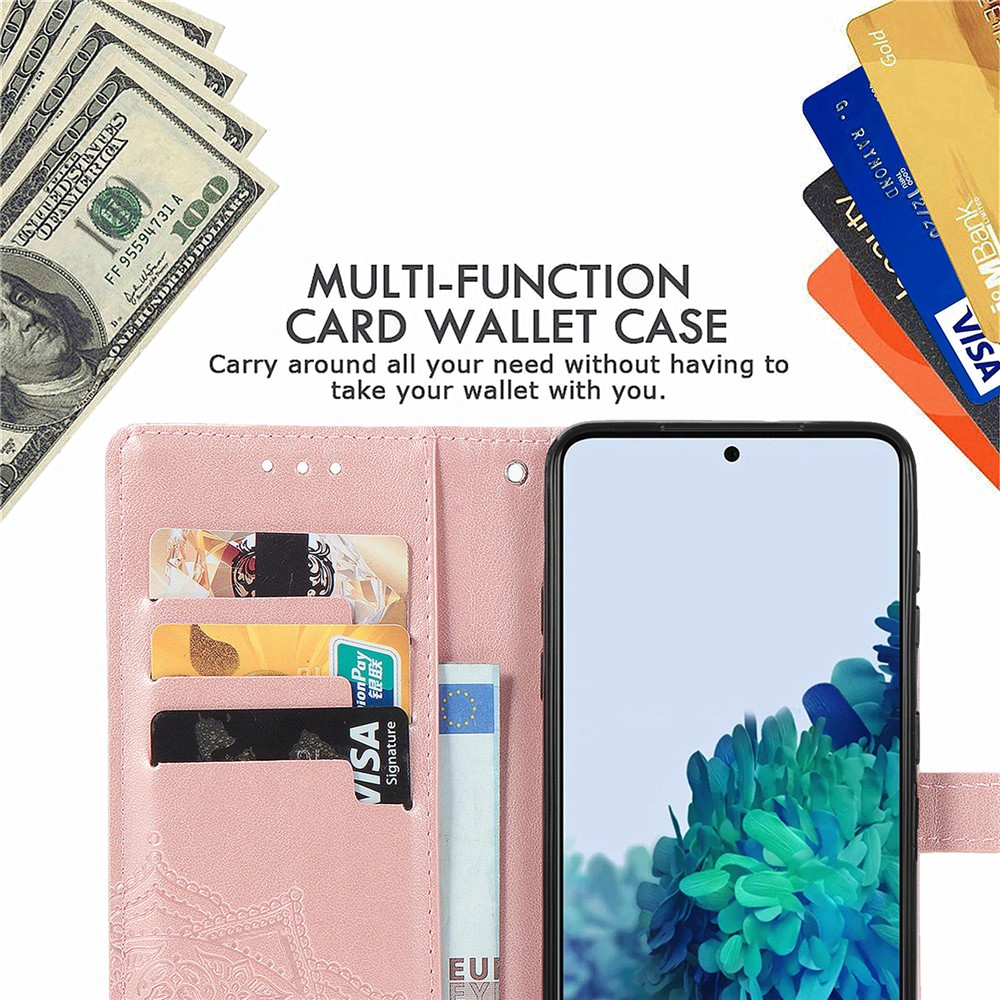 Embossed Mandala Pattern PU Leather Magnetic Cover Wallet Stand Flip Protective Case with Strap for Samsung Galaxy S22 Plus - Rose Gold-12