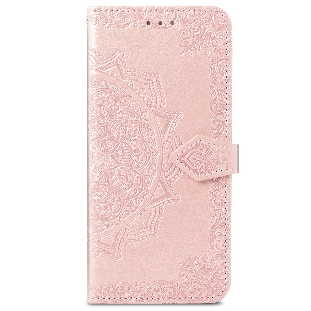 Embossed Mandala Pattern PU Leather Magnetic Cover Wallet Stand Flip Protective Case with Strap for Samsung Galaxy S22 Plus - Rose Gold-2