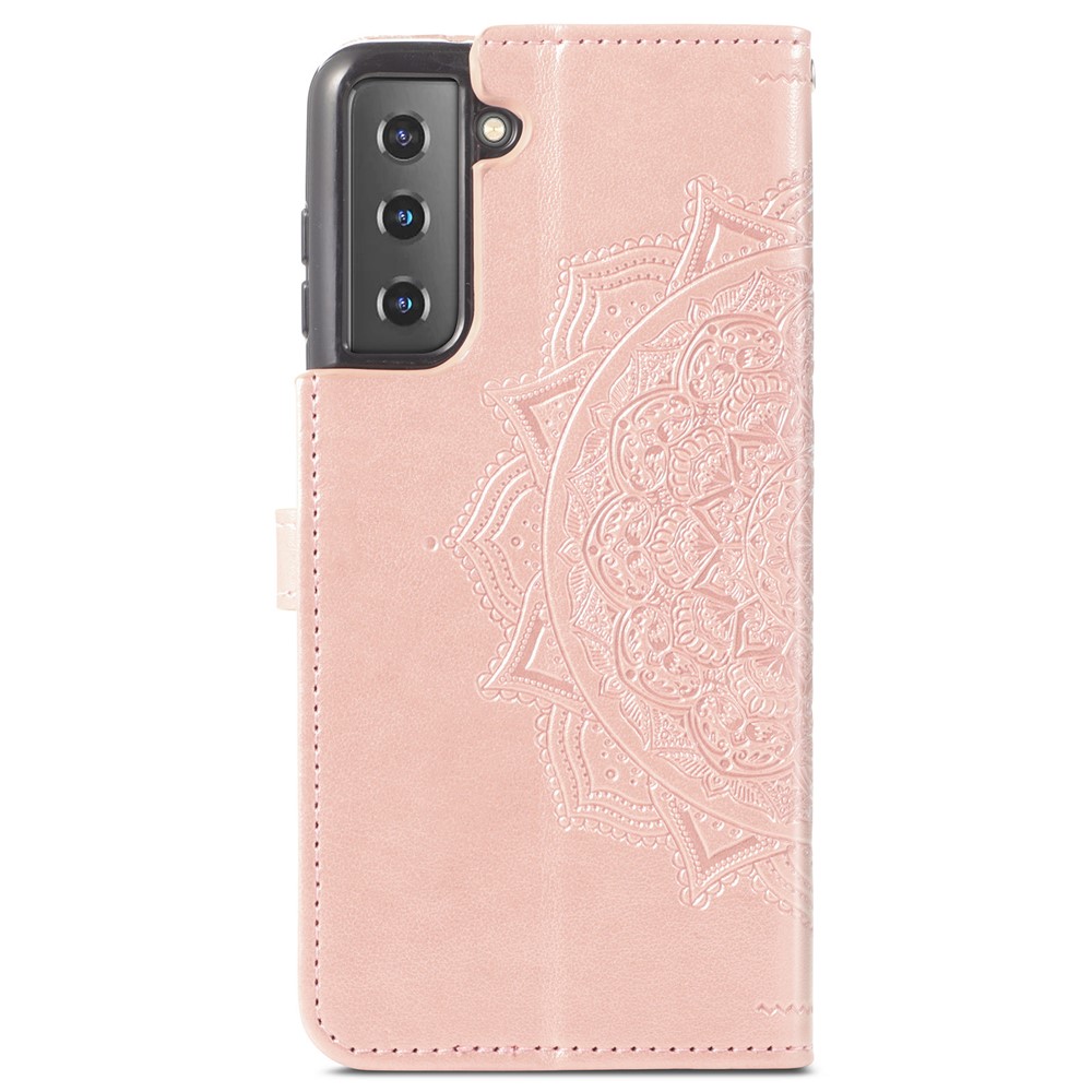 Embossed Mandala Pattern PU Leather Magnetic Cover Wallet Stand Flip Protective Case with Strap for Samsung Galaxy S22 Plus - Rose Gold-3