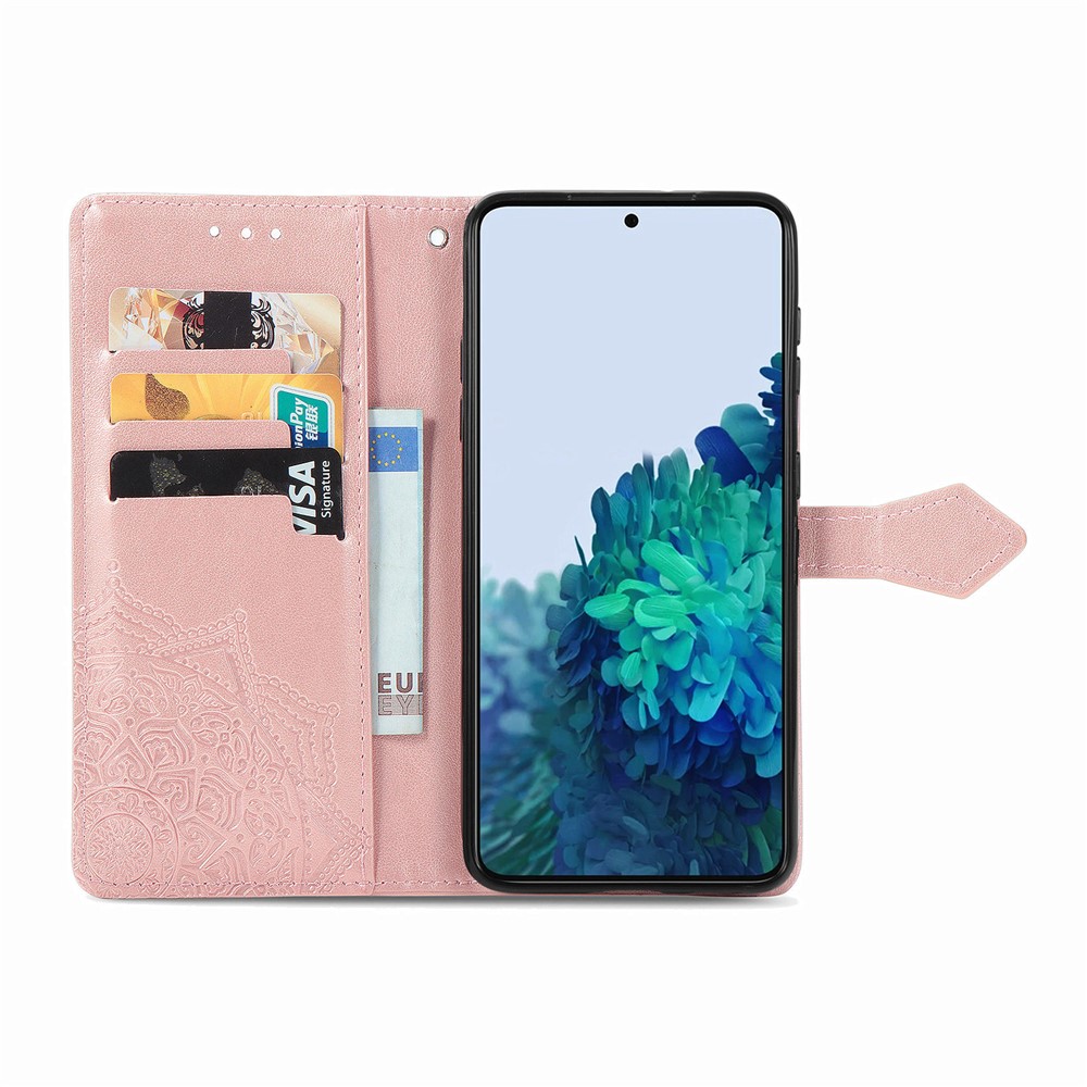 Embossed Mandala Pattern PU Leather Magnetic Cover Wallet Stand Flip Protective Case with Strap for Samsung Galaxy S22 Plus - Rose Gold-4