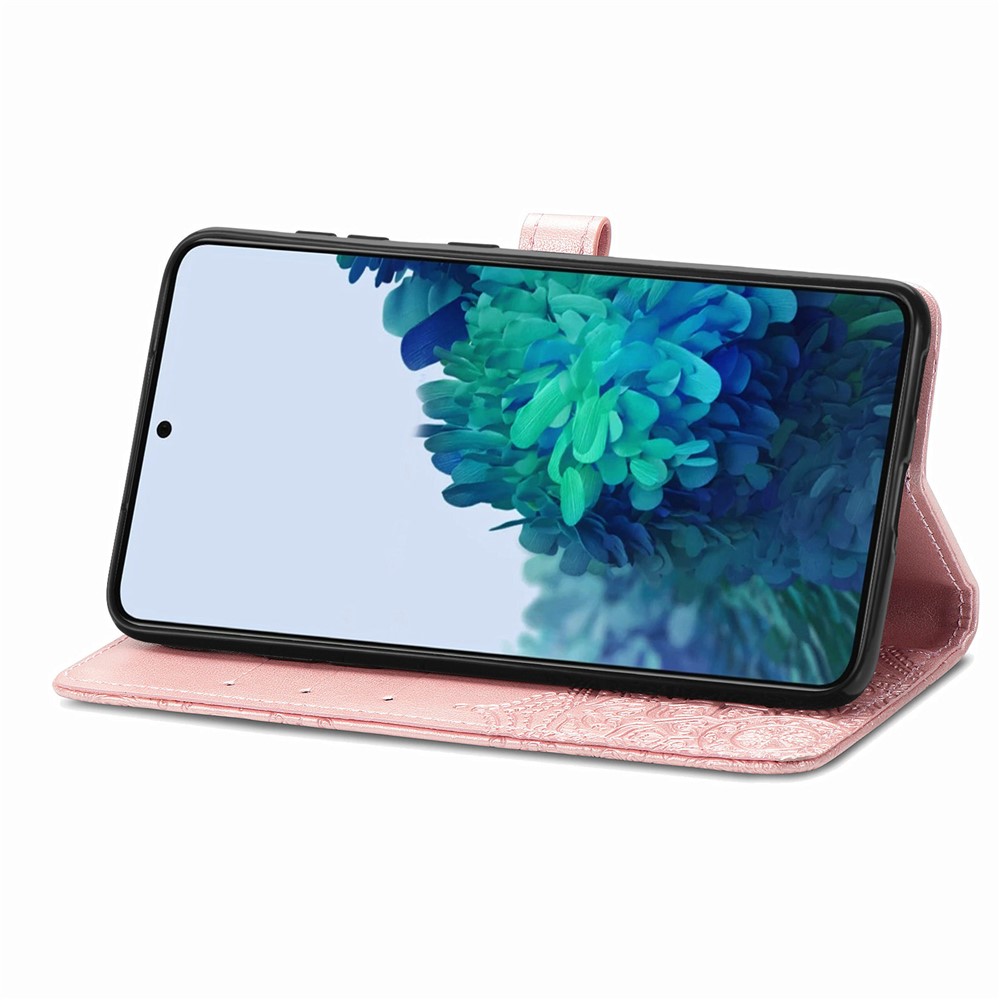 Embossed Mandala Pattern PU Leather Magnetic Cover Wallet Stand Flip Protective Case with Strap for Samsung Galaxy S22 Plus - Rose Gold-5