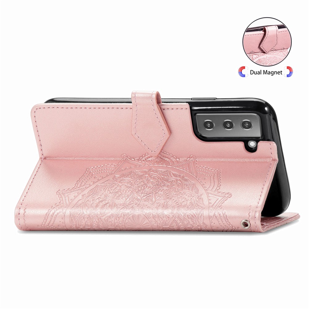 Embossed Mandala Pattern PU Leather Magnetic Cover Wallet Stand Flip Protective Case with Strap for Samsung Galaxy S22 Plus - Rose Gold-6