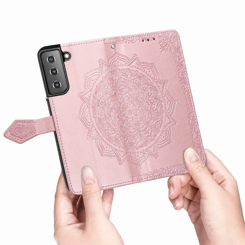 Embossed Mandala Pattern PU Leather Magnetic Cover Wallet Stand Flip Protective Case with Strap for Samsung Galaxy S22 Plus - Rose Gold-7