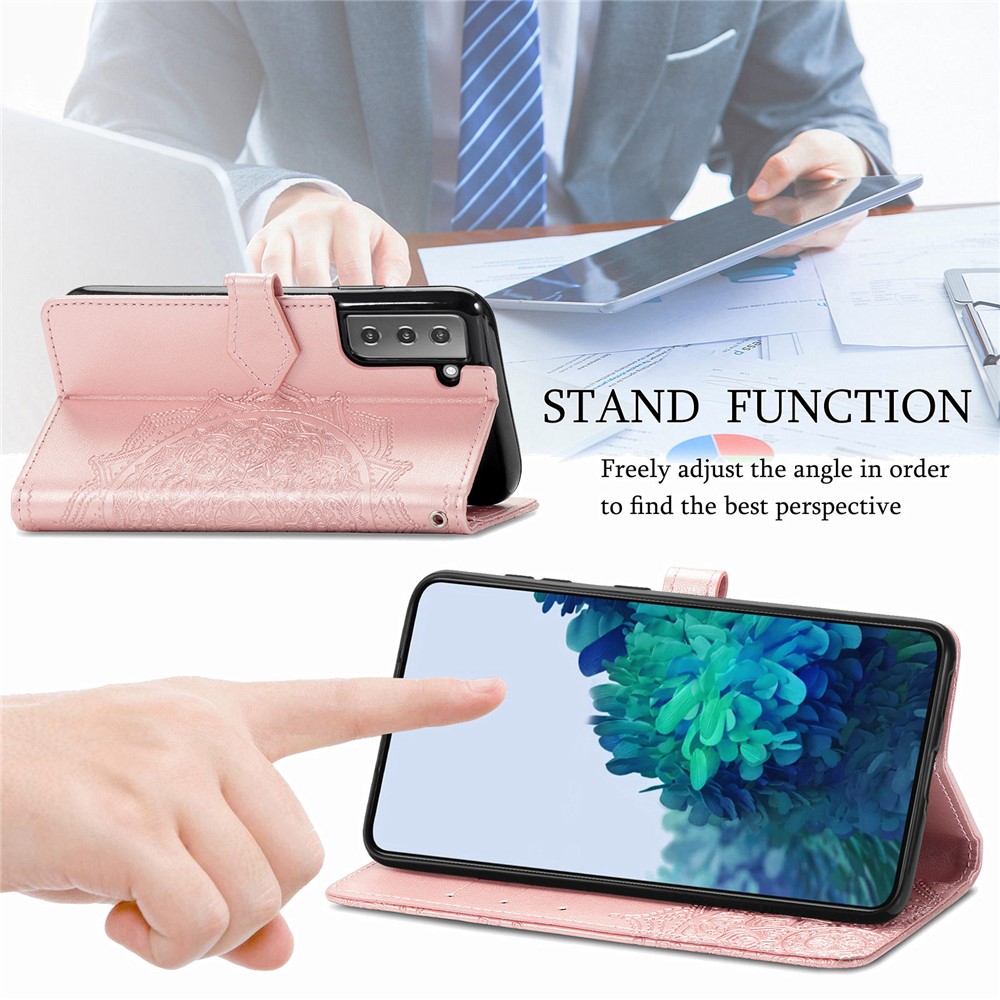 Embossed Mandala Pattern PU Leather Magnetic Cover Wallet Stand Flip Protective Case with Strap for Samsung Galaxy S22 Plus - Rose Gold-8