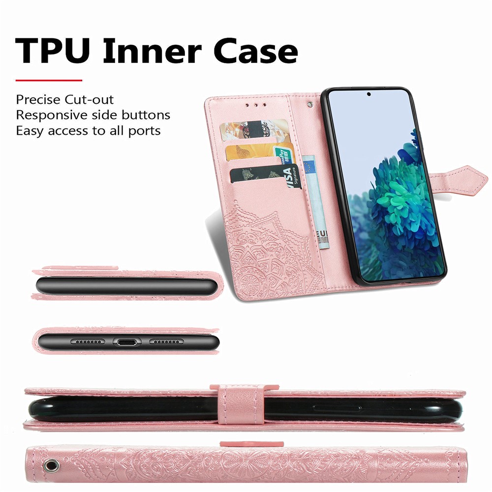 Embossed Mandala Pattern PU Leather Magnetic Cover Wallet Stand Flip Protective Case with Strap for Samsung Galaxy S22 Plus - Rose Gold-9